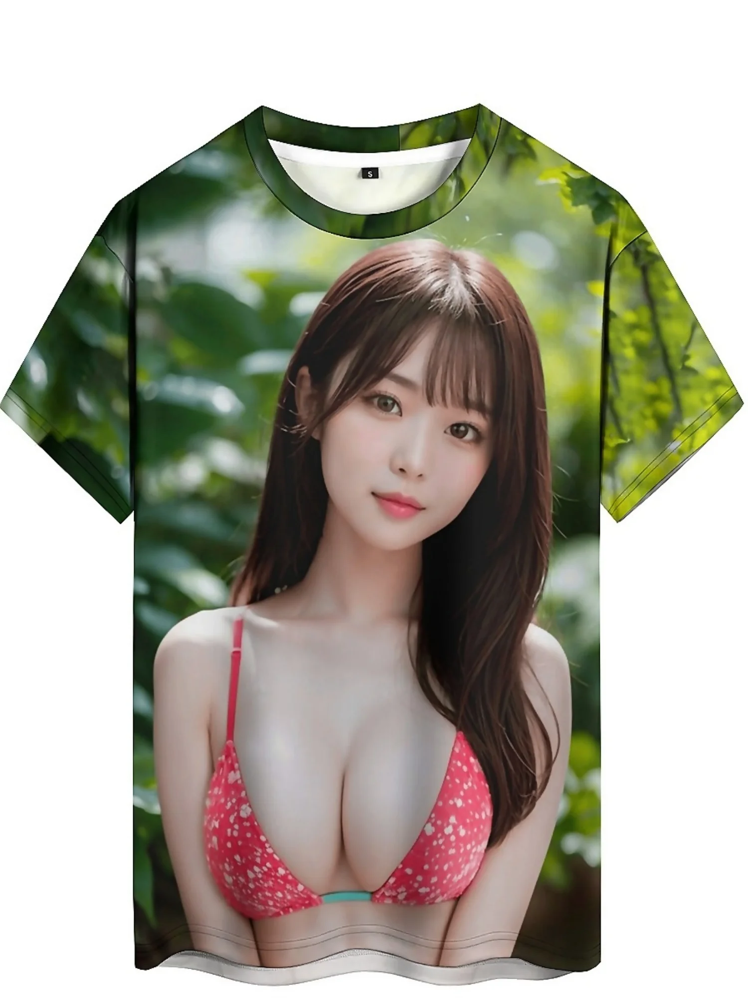 Camiseta masculina com estampa digital 3D – Design asiático sexy estilo rock, folha verde e padrão de biquíni vermelho, manga curta