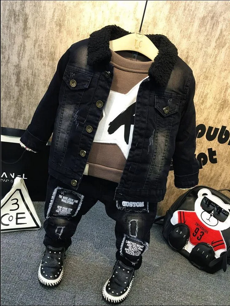 Nuovi bambini bambini ragazzi Set di abbigliamento autunno inverno neonati maschi collo di pelliccia giacca di Jeans + maglione + Jeans 3 pezzi Set