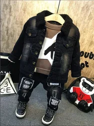 Nuovi bambini bambini ragazzi Set di abbigliamento autunno inverno neonati maschi collo di pelliccia giacca di Jeans + maglione + Jeans 3 pezzi Set di vestiti per ragazzi