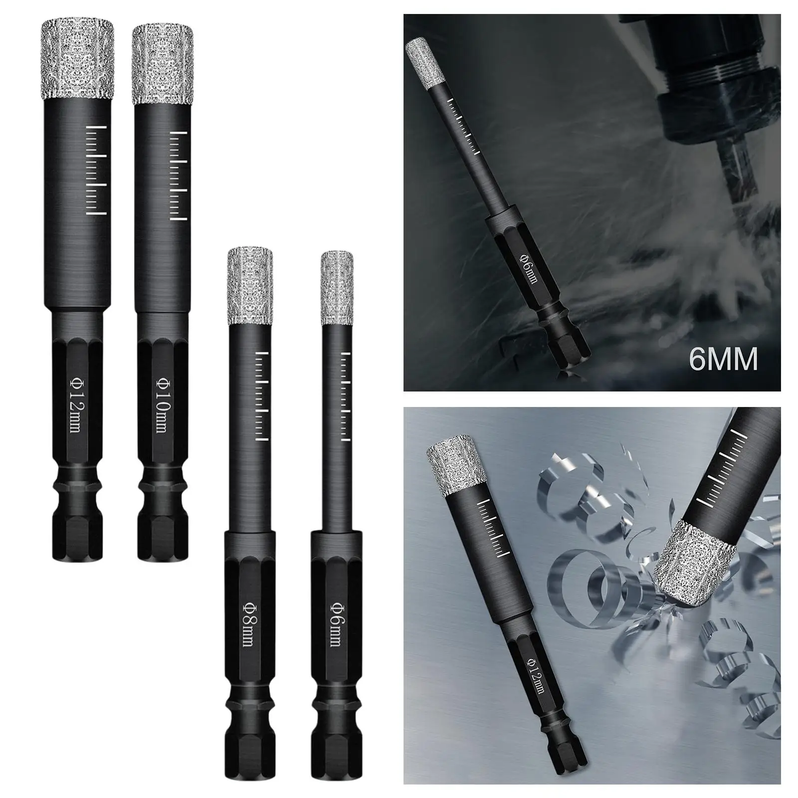 

Набор алмазных сухих сверл 6/8/10/12 мм, универсальный для мрамора, фарфорового стекла