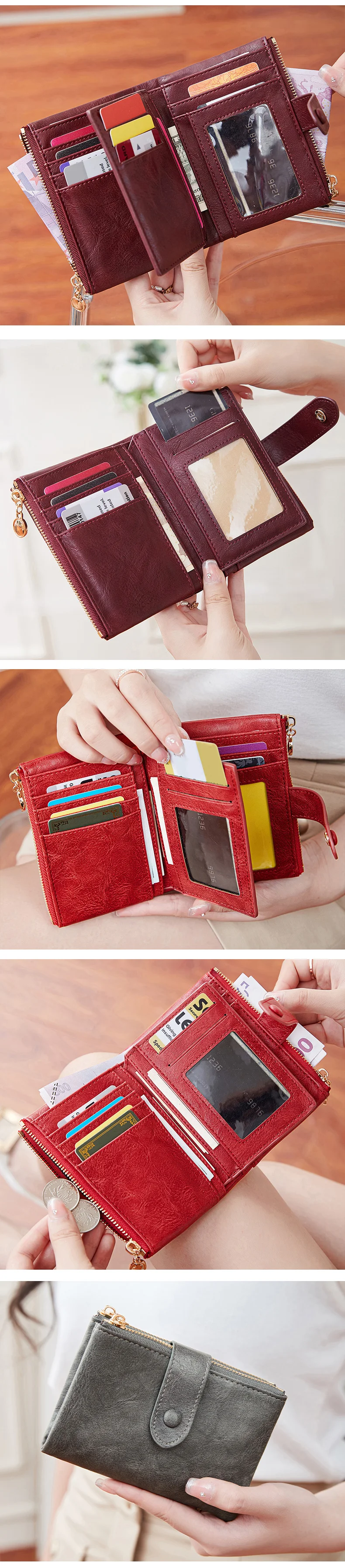 Minimalistische Damen-Geldbörse, kurz, dreilagig, großes Fassungsvermögen, Doppelreißverschluss, Kartenhalter, Ausweis, Kreditkartenetui, Geldbeutel – Detail 4