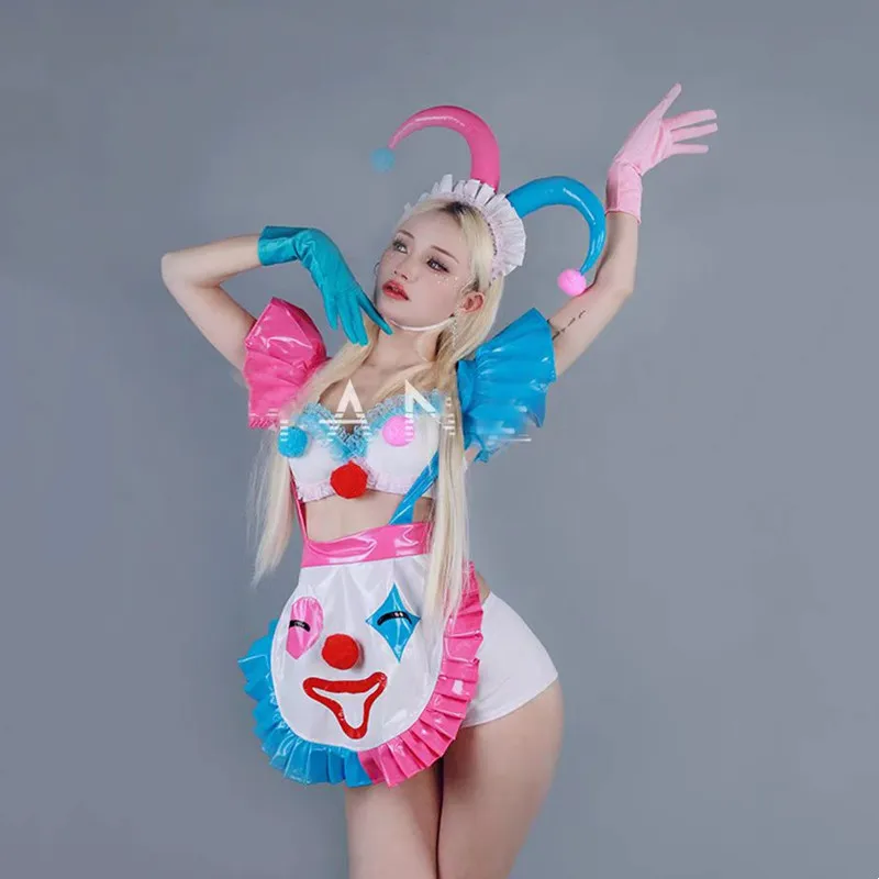 Halloween Maid Uniform Clown Cosplay Costume Women Bar Role Playing Stage Performance Clothes Pink Blue Tops Shorts Dance Outfit