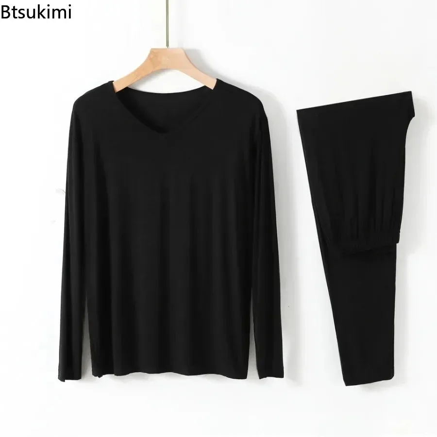 جديد 2025 ملابس منزلية مشروط للرجال بيجامات على شكل حرف v وأكمام طويلة أطقم سراويل ثنيات ناعمة مرنة مريحة ملابس نوم للرجال #2