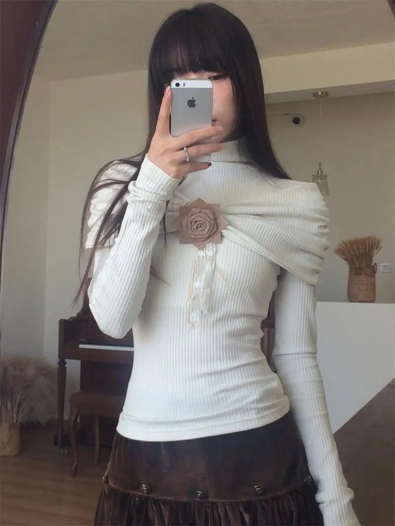 

Spicy Girl Style Three Dimensional Rose Knitted Sweater 2024 Women's Autumn New Design Sense Slim Fit High Neck Top Sweater