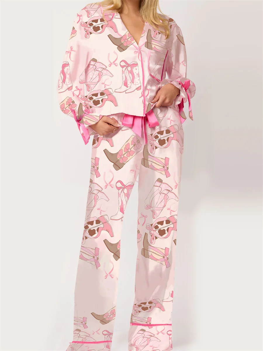 

Women 2 Piece Valentine's Day Pajamas Set Cute Boots Bow Tie Long Sleeve Shirts Pants Silk Satin Heart Pjs Sets Lounge Set