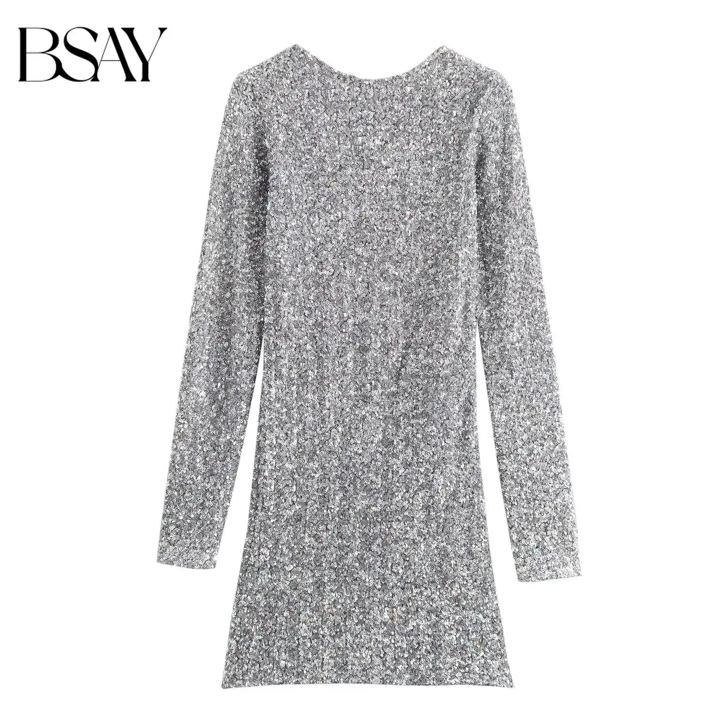 BSAY Abendkleid für Damen, Neues Pailletten-Minikleid mit Rundhalsausschnitt, Langen Ärmeln, Figurbetontem Schnitt, Kurzes Cocktailkleid für Damen für den Nachtclub