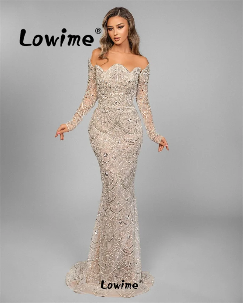 Lowime Robe Beaded Arabic Evening Dress Gorgeous Off Shoulder Mermaid Wedding Party Dresses Sparkly Crystal Prom Gowns Customize