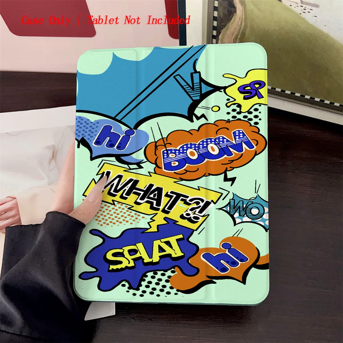 

360° Rotatable Foldable iPad Case - Cute Cyan Base + Cartoon English Lettering Design for Apple iPad 10.9/11/12.9 Inch