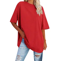 2024 New Women's Plus Size T Shirts Oversized Solid Color Tees Summer Short Sleeve Loose Tunic Tops