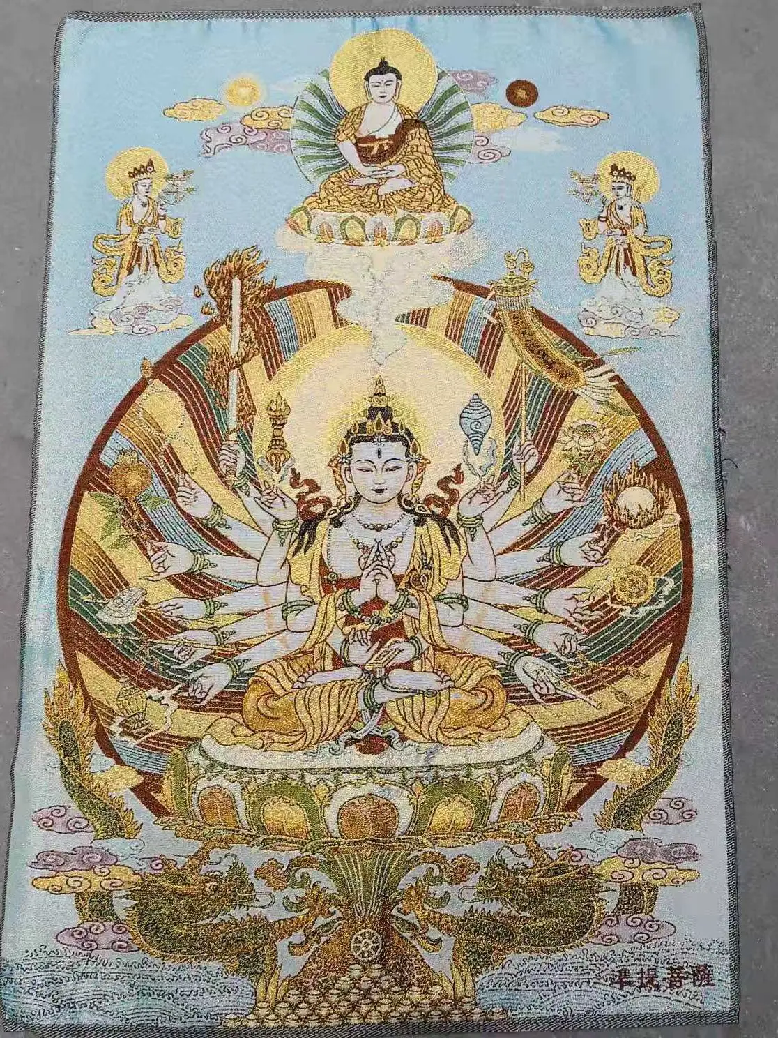 Tibetan Buddhist silk tapestry gold silk embroidery Thangka painting thousand hands Avalokitesvara zhunti mother statue