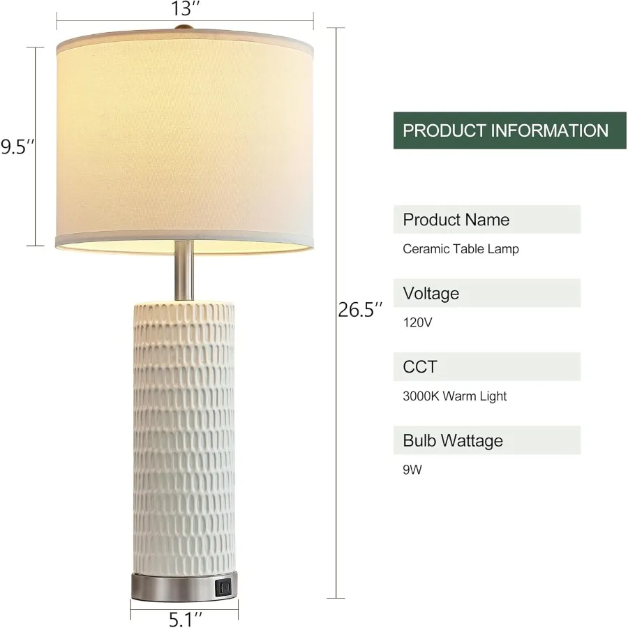 26.5 "مجموعة مصابيح طاولة سيراميك مكونة من 2 3 طرق عكس الضوء مصباح طاولة للتحكم باللمس مع 2 منافذ شحن USB لغرفة النوم وغرفة المعيشة