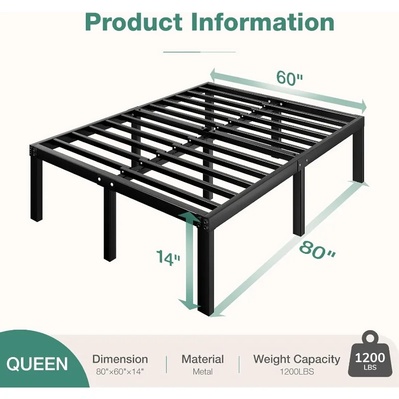 Queen Bed Frame, Platform Bed Frame Queen Size with Storage Space Under Bed, Heavy Duty Steel Slat Support, Easy Assembly