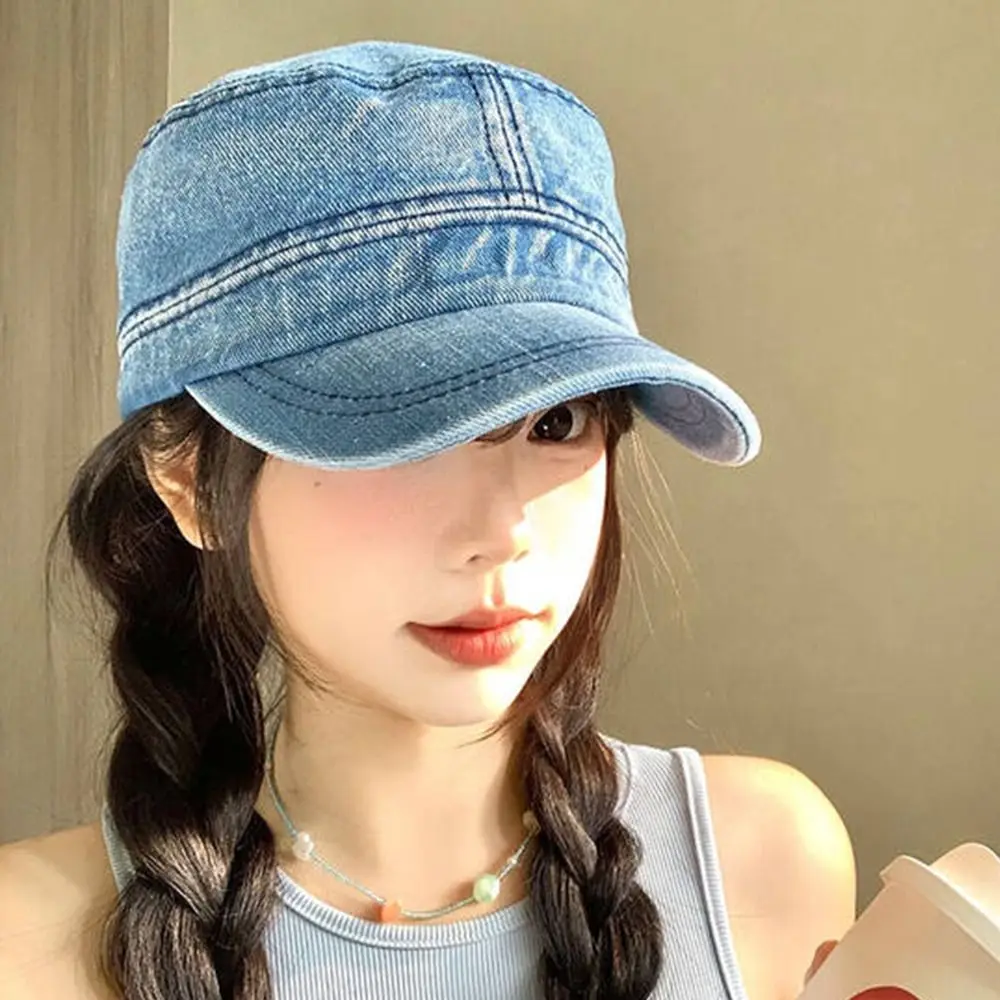 

Korean Vintage Peaked Cap Demin Flat Top Baseball Hat Streetwear Visor Cadet Cap Men Women