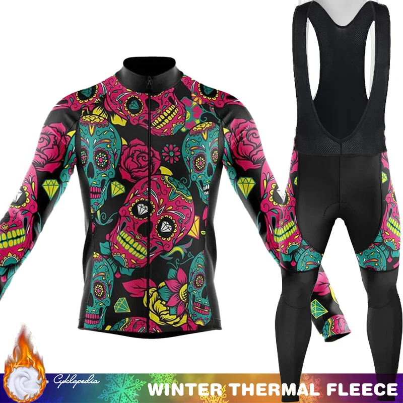

Флисовый трикотаж для велоспорта, униформа с черепом, мужской термозимний комплект, термоодежда для горных велосипедов в стиле ретро, триатлон, мужская термоодежда 2025 г., велосипедный нагрудник