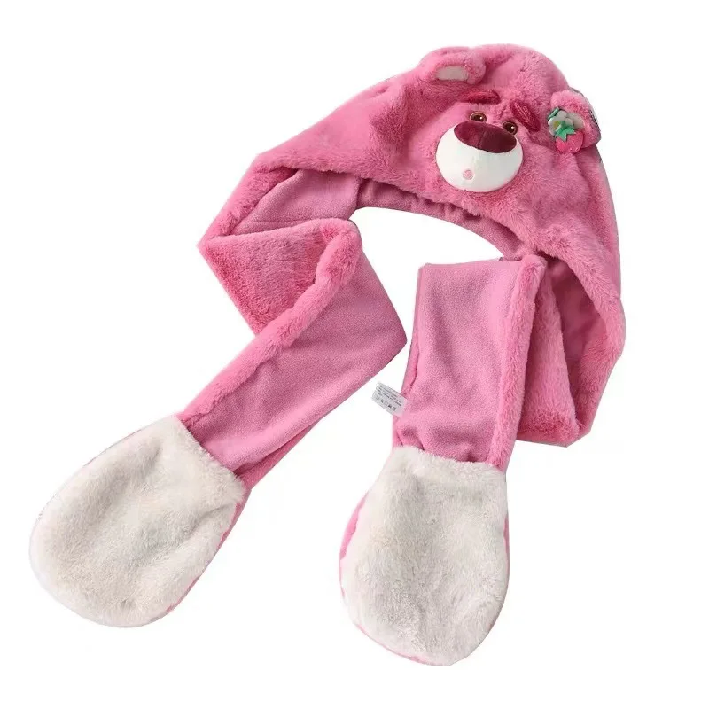 Bufanda con capucha de tres ojos de Disney, oso de fresa, flor de cerezo rosa, guantes de oso winnie, sombrero, regalo para niñas