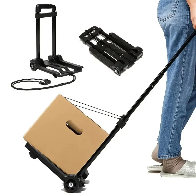 

Black 2-Round Folding Hand Truck Lightweight Portable Telescopic Dolly Small Cart for Travel Moving Shopping Backpack Luggage