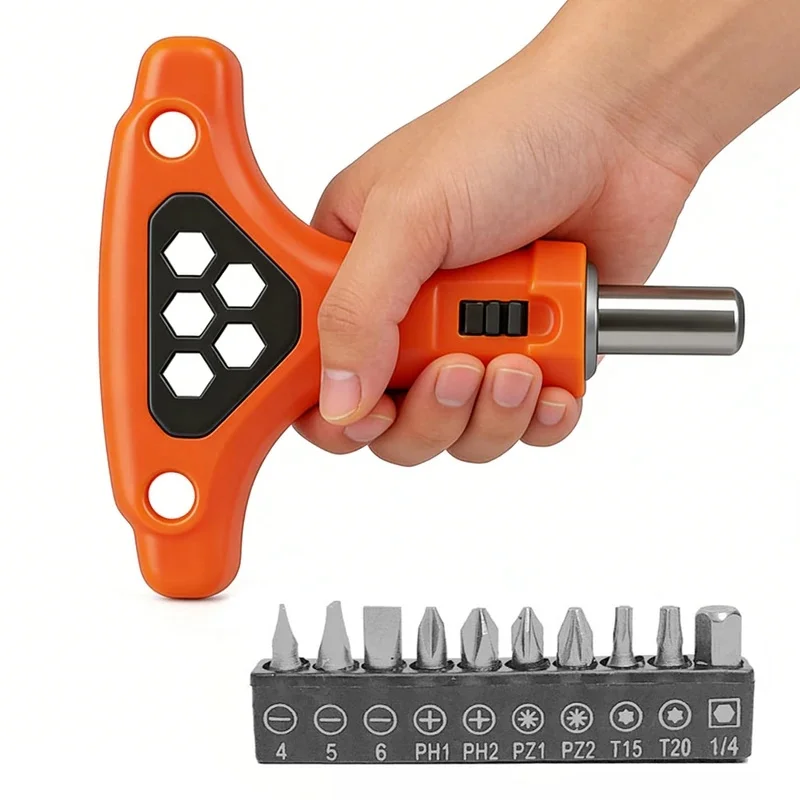 T Handle Ratchet Driver with Non-Slip Handle Ratchet Bit Screwdriver Multifunctional for 1/4 Inch Hex Screwdrivers Bits Set