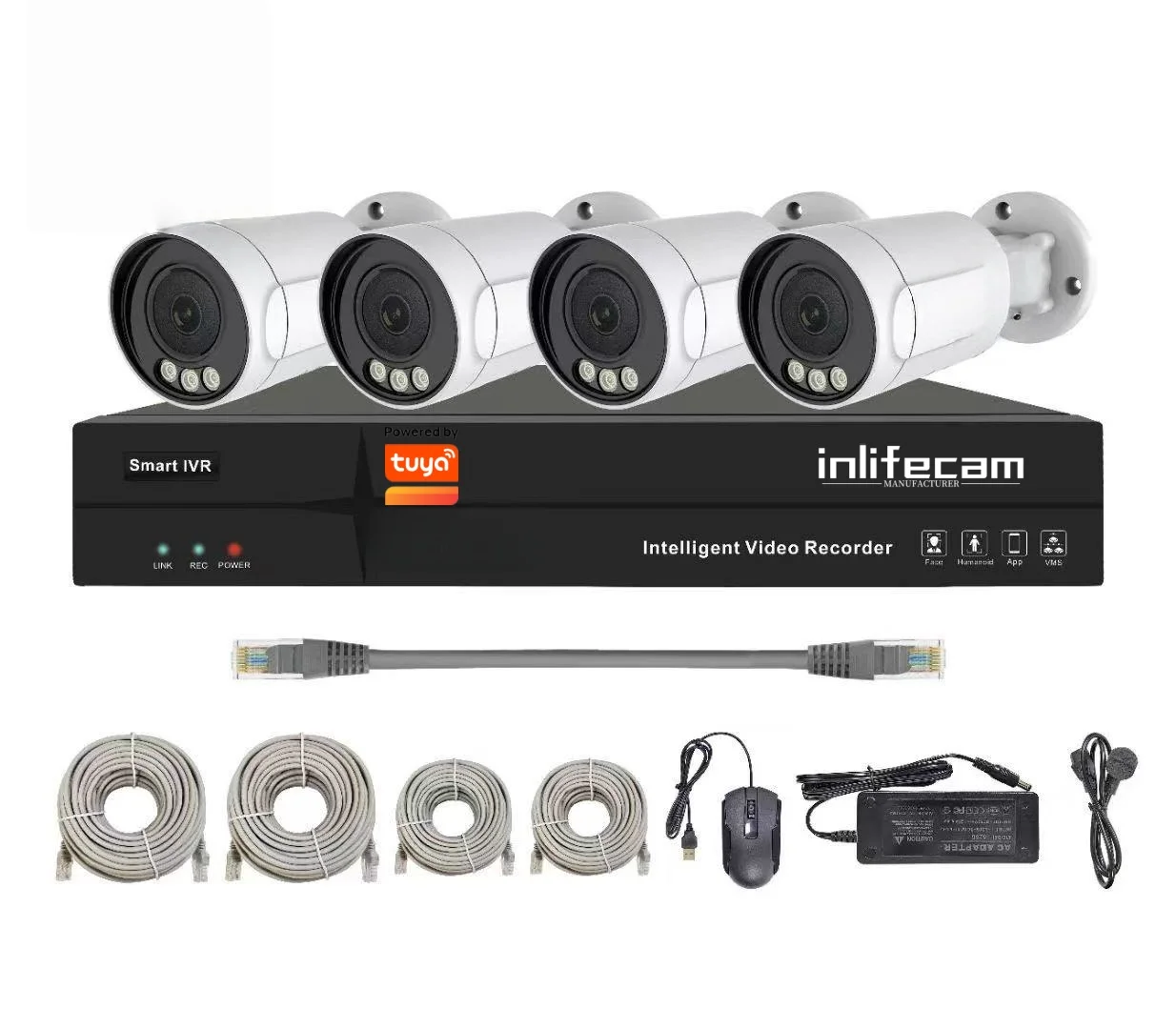 

InLifeCam 4CH Tuya Smart APP Outdoor Bullet POE H.265 NVR POE CCTV AI IP Cameras NVR Kits Video Human/Car Motion Detection