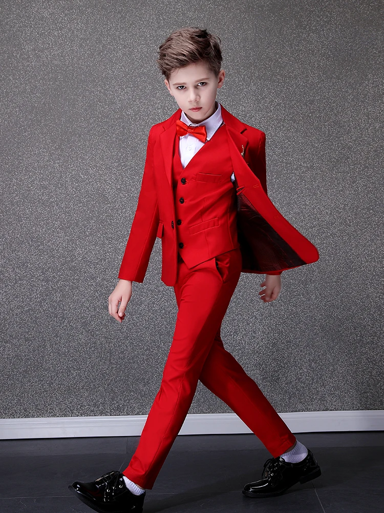 Children Jacket Vest Pants Bowtie 4PCS Photograph Suit Teenager Tuxedo Dress Kids Birthday Costume Flower Boys Red Wedding Suit