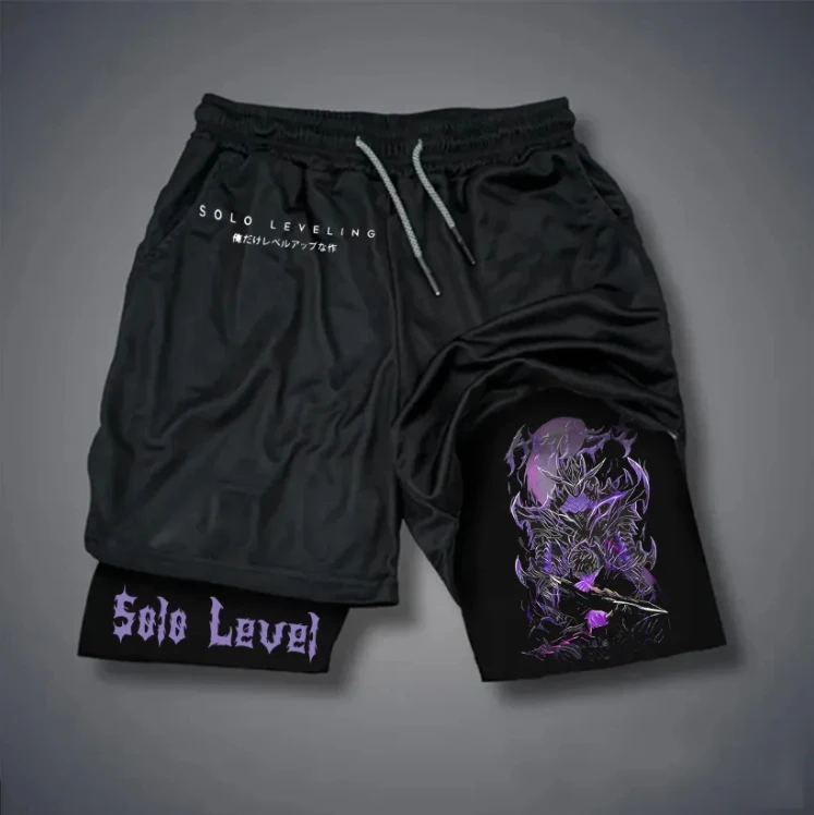 Novedad de verano para hombre, pantalones cortos 2 en 1 con estampado de nivelación individual de cómic para entrenamiento físico, pantalones cortos dobles transpirables absorbentes del sudor con cordón