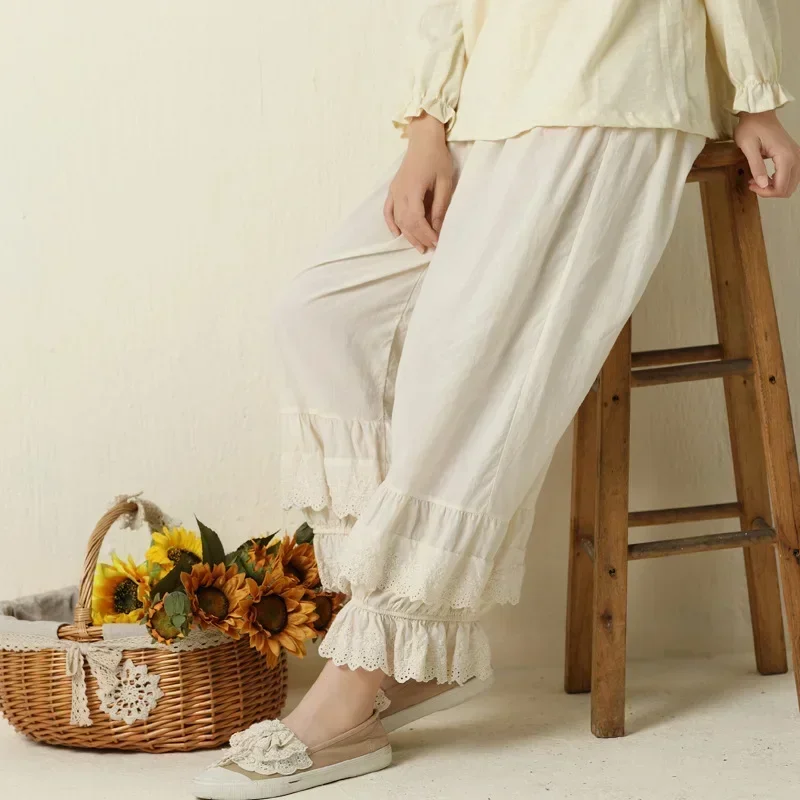 100% Cotton Female Vintage Ruffled Lace Hem Loose Bloomers Pants Teenager Japanese Mori Girl Sweet Victorian Steampunk Pants