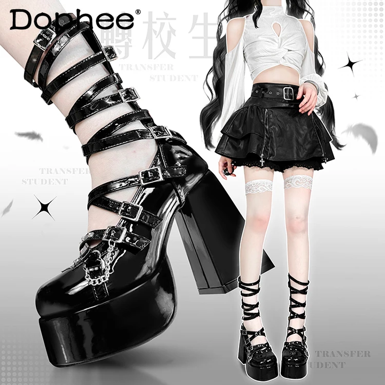 

Original Dark Punk High Heels Pumps Spring and Autumn Women's Elegant Versatile Lolita Shoes Y2K Gothic Lace-Up Platform Shoes