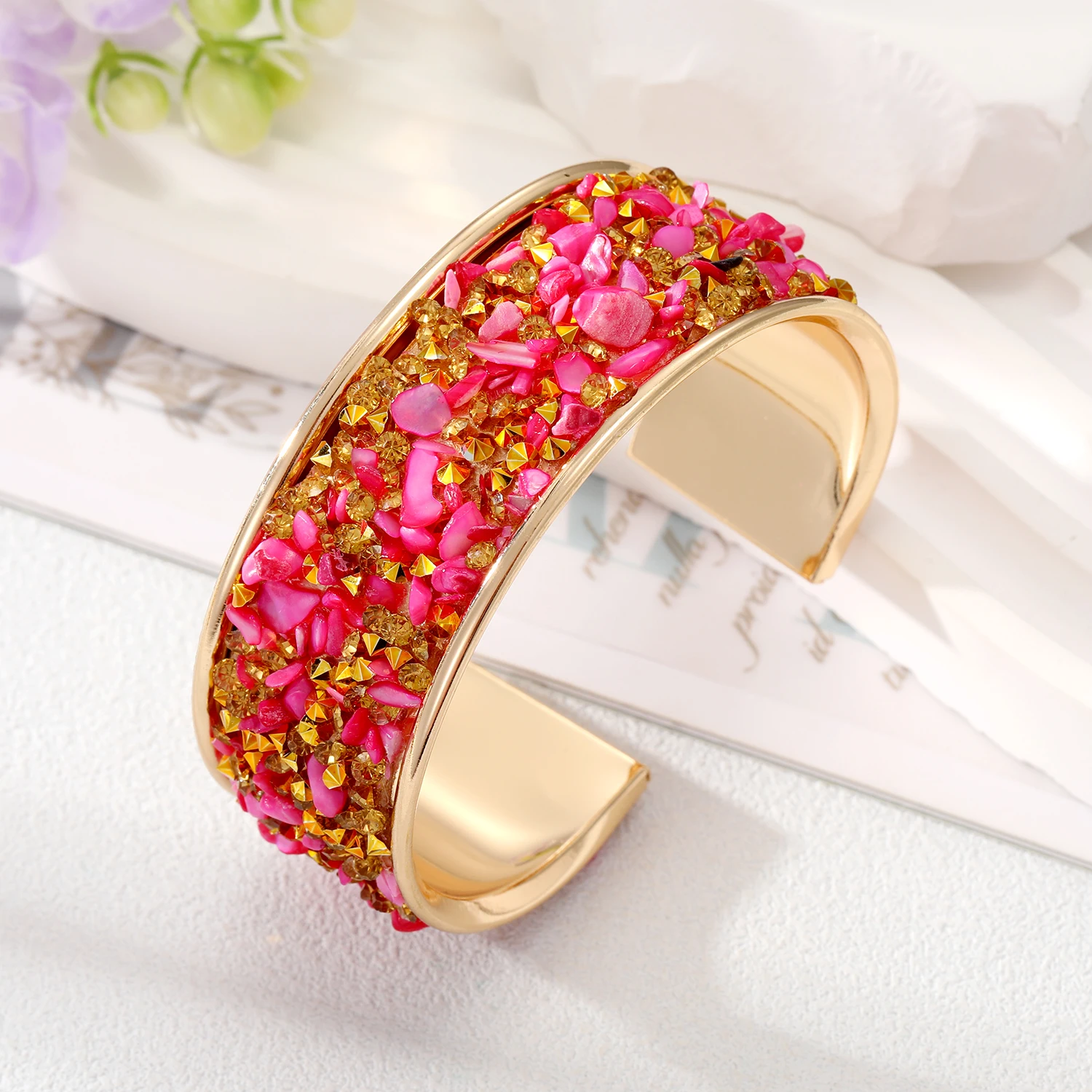 European Bohemian Stone Zircon Bangle Cuff Bracelet For Women New Trendy Gold Color Rhinestone Open Adjustable Wedding Jewelry