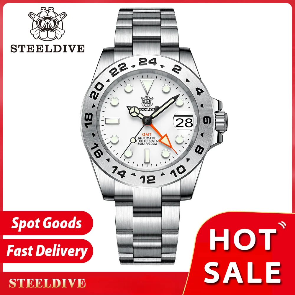 STEELDIVE SD1992 GMT Mechanical Watch NH34 Movement Steel Bezel Four Pointers  Luminous 30Bar Waterproof Wristwatch