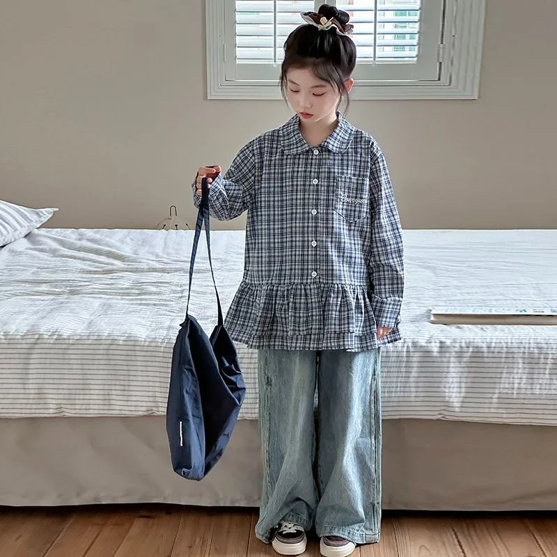 

2026 New Stylish Loose Checkered Girl's Blouse Long Sleeve Toddler Kids School Coat Top