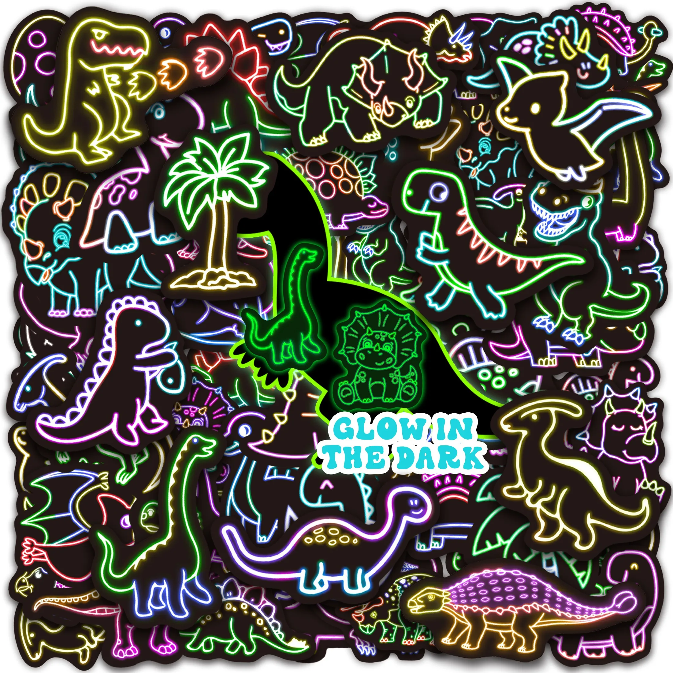 50 Pcs Glow in the Dark Neon Cartoon Dinosaur Water Bottle Stickers for Kids Teens，Vinyl Reusable Sticker for Boys，Laptop Decals