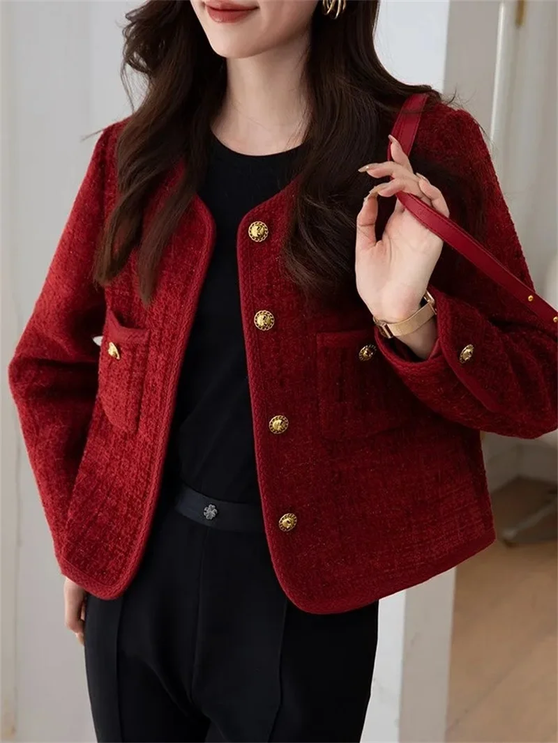 Beautiful Heavy Industry Burgundy Small Fragrance Coat Female Spring And Autumn French Temperament Joker Socialite Tweed Coat