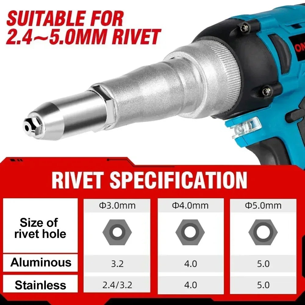 ONEVAN 20000N Brushless Electric Rivet Gun 2.4-5.0mm Cordless Rivet Nut Gun Drill Insert Riveting Tool For Makita 18V Battery