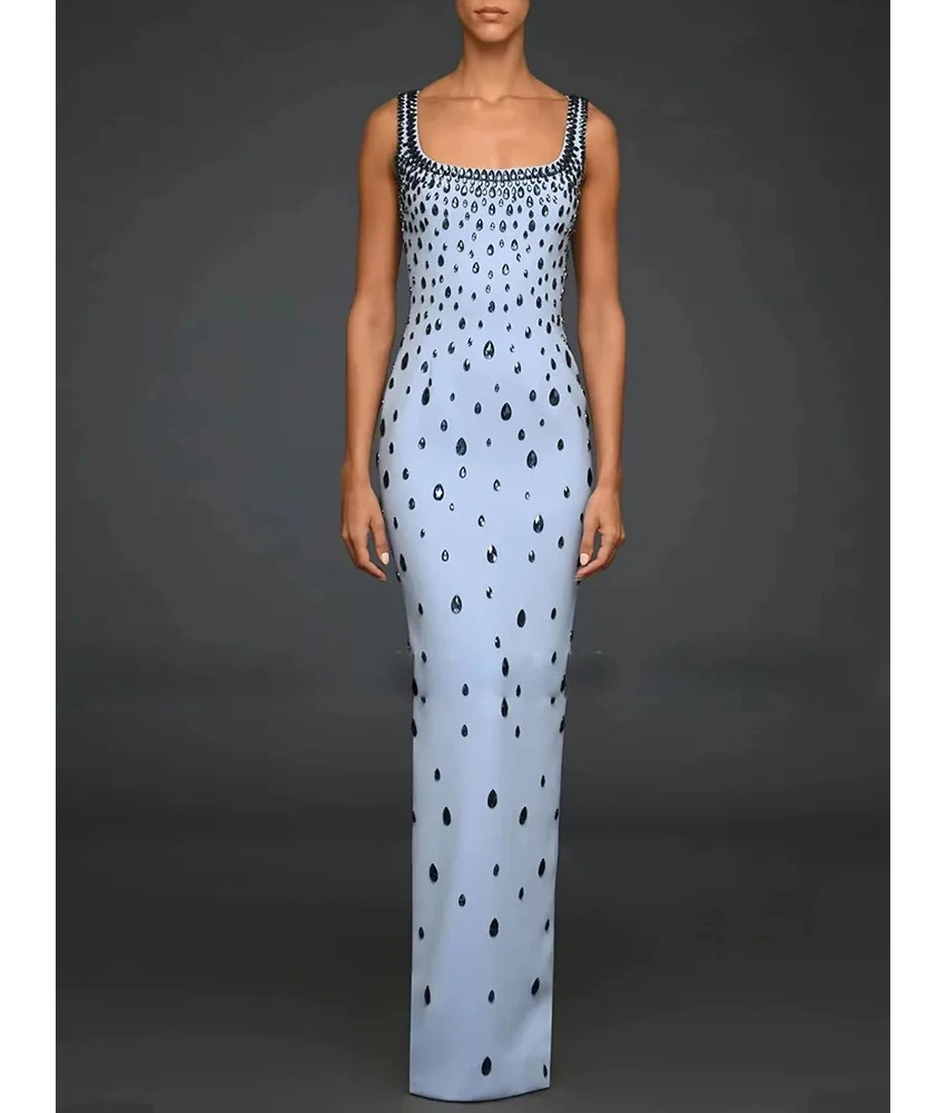 

Customized Luxury Crystal Jersey Straight Evening Dress Temperament Square Neck Sleeveless Floor Length Prom Gowns Custom Size
