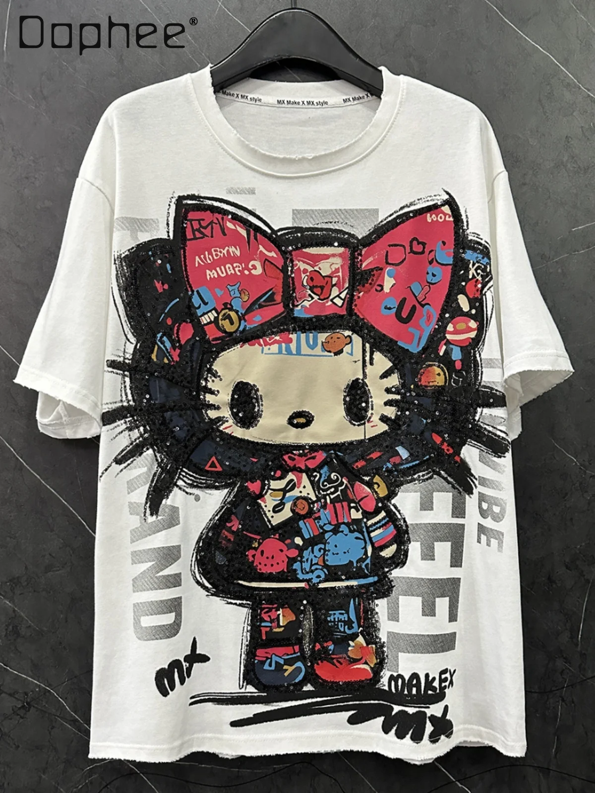 

2025 Summer New Sweet Bow Cat Short-sleeved T-shirt Women Loose Casual Mid Length Cartoon Printed White Top Kawaii Clothes