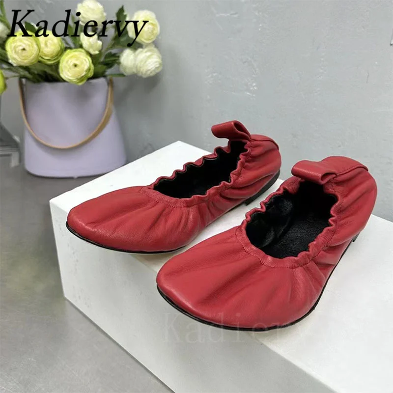 Hete Verkoop Ballet Platte Schoenen Voor Dames Ronde Neus Slip-On Loafers Echt Lederen Geplooide Zomer Comfort Platte Loopschoenen Vrouw