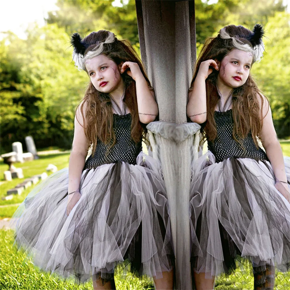 Dead Bride Kids Halloween Costume for Girls Tulle Tutu Dress Disguise Halloween Party Girls Dress Children Cosplay Costume