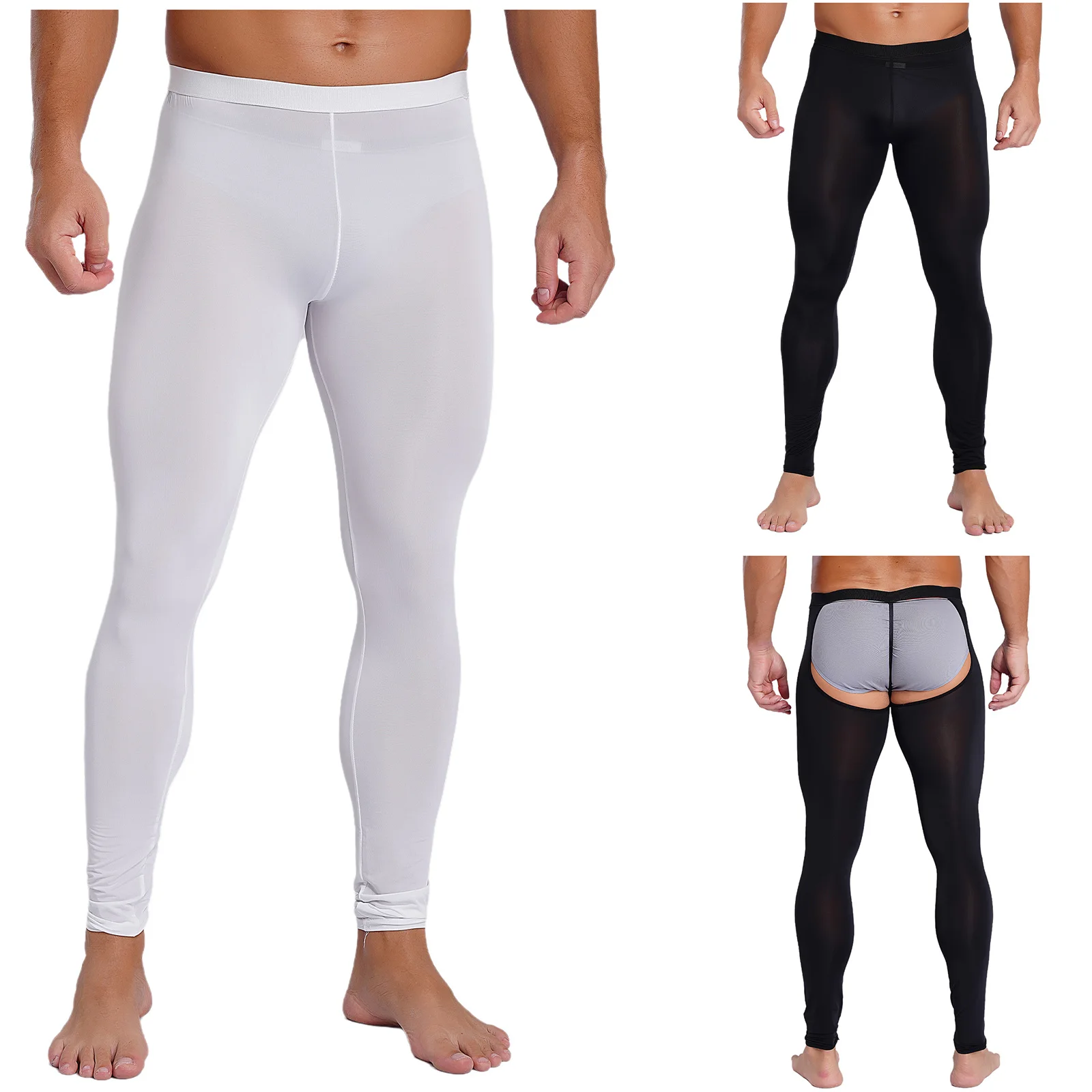 Sissy masculino aberto bunda leggings volta recorte calças cor sólida cintura elástica calças magras lingerie roupa de noite exótica