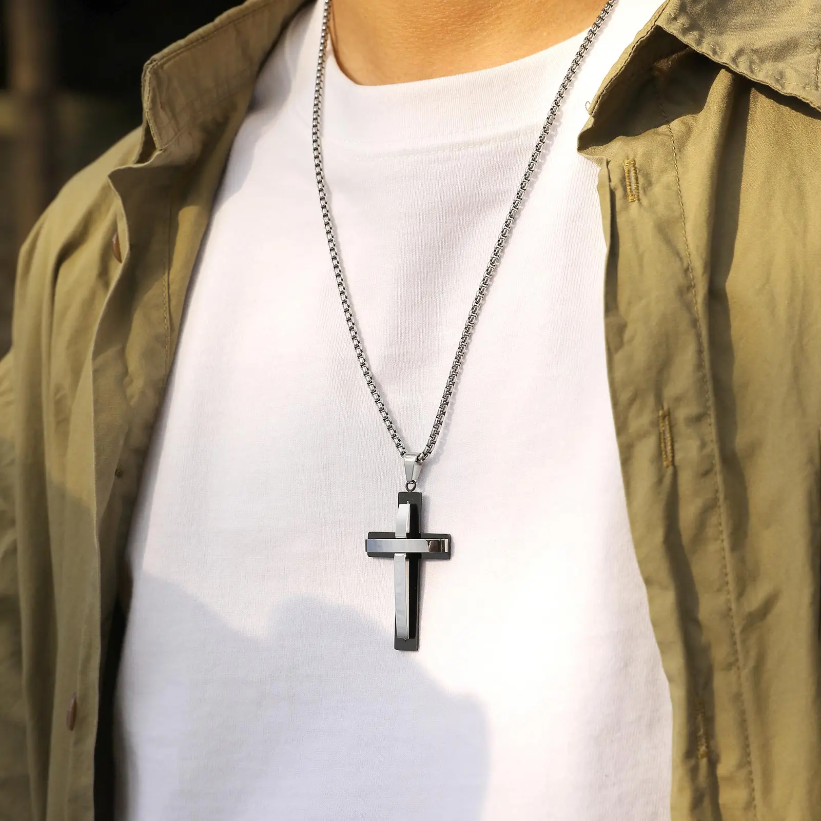 Vnox Chunky Double Layers Cross Necklaces for Men, Two Tones Cross Pendant with Box Chain, Religion Prayer Collar