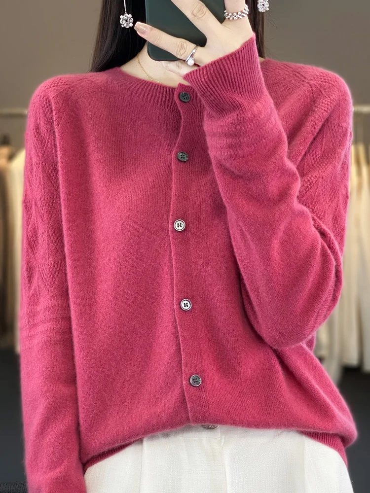 New Chic 2024  Spring Autumn Women Sweater 100% Merino Wool Long Sleeve O-Neck Cardigan Twist Flower Knitwear Women Clothing