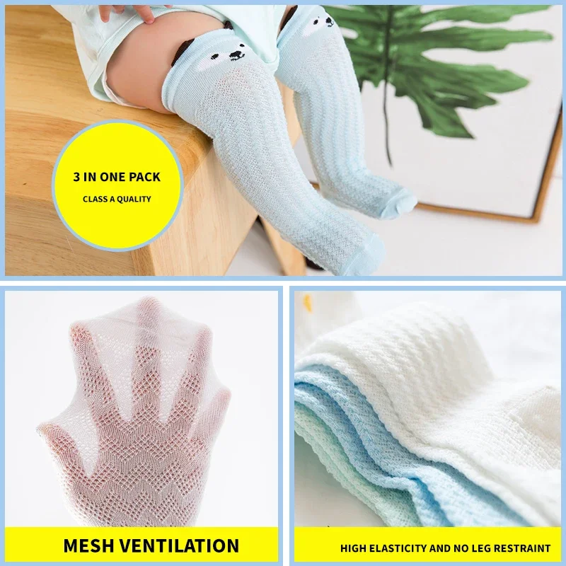 3 Pairs Socks Newborn Baby Knee High Mesh Socks Summer Animals Selected Fabric Breathable Elastic Cute  Socks Baby Girls Boys