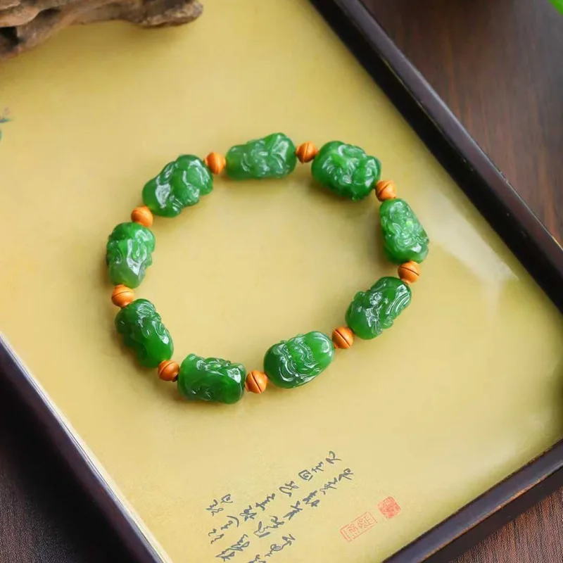 Natural Hetian Russian Material Old Spinach Green Jade Luohan Bracelet