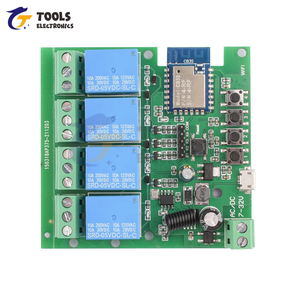 Smart WiFi Relay Switch Module USB 5V DC 7-32V 4-Channel Wifi Remote Control Relay Switch Module for Tuya APP