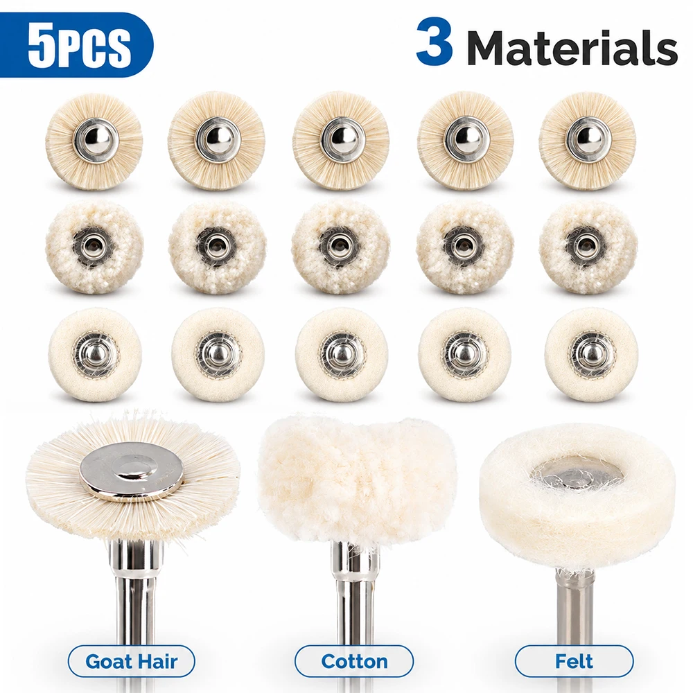 5Pcs Laboratory Micro Polishing Brush Set RA Latch 2.35mm Shank Natural Goat Hair Cotton Felt Buffing Wheel for Lab Refinement
