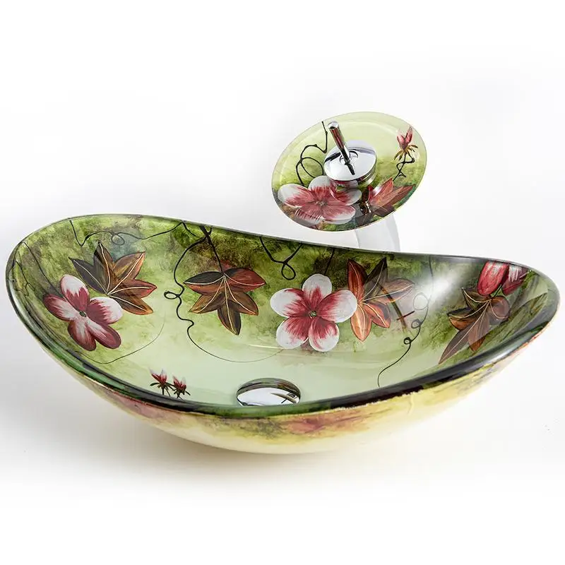 

Retro floral tempered glass countertop basin, antique style washbasin, artistic washbasin