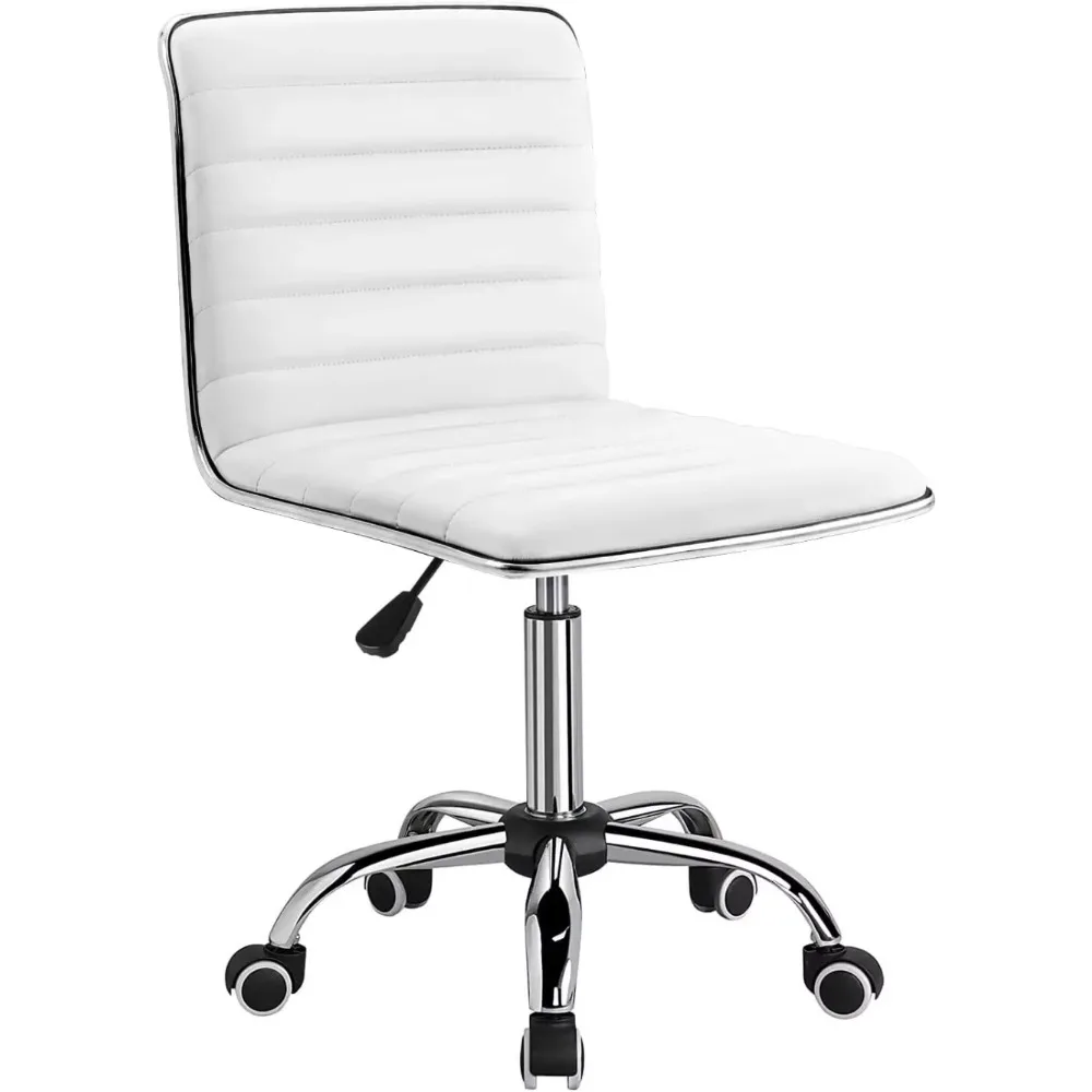 Mid Back Vanity Chair for Makeup Room, Low Back PU Leather Swivel Computer Desk Chair, Task and Office Chair Retro (White)