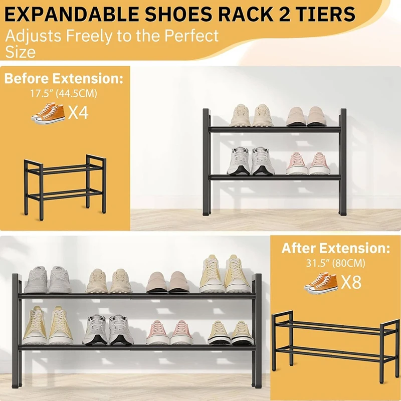 2 Tier Expandable Shoe Rack,Stackable Adjustable Shoe Rack for Closet,Metal Shoe Shelf Organizer Storage for Entryway-ABWY