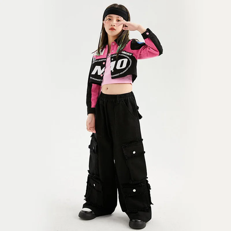 Girls Hip Hop Cool Short Baseball Jacket Street Dance Baggy Cargo Pants Child Crop Top Streetwear Clothes Sets Kids Jazz Costume