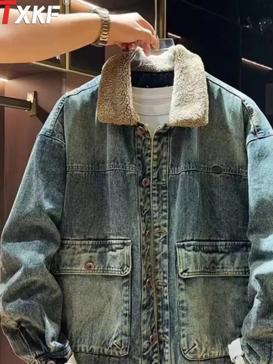

Мужская джинсовая куртка премиум-класса из хлопка с утепленным воротником из флиса, рабочая одежда, осенне-зимняя верхняя одежда, повседневный стиль