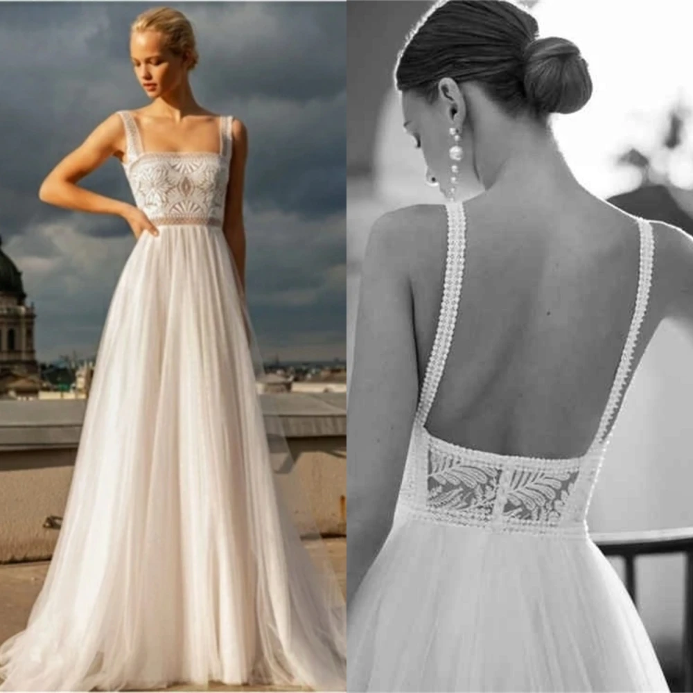 

Customized Delicate White Tulle Wedding Dress Temperament Square Collar Spaghetti Straps Bridal Gowns Sexy Backless Bridal Party