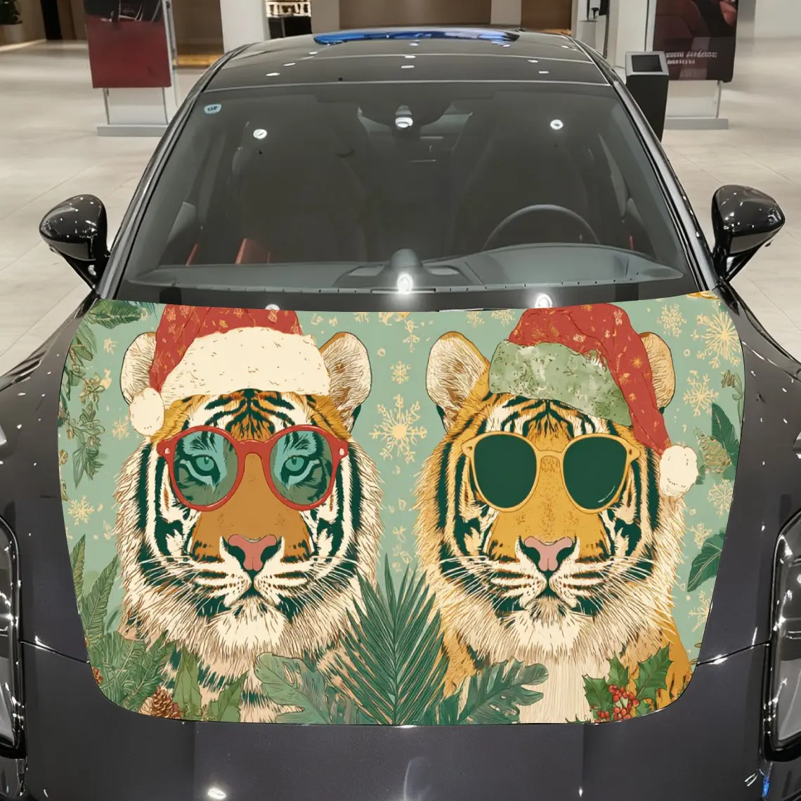 

Cheerful Christmas Tiger Pair with Sunglasses Car Hood Decal, Waterproof Self-adhesive Vehicle Vinyl Wraps Sticker, Cool Auto Co